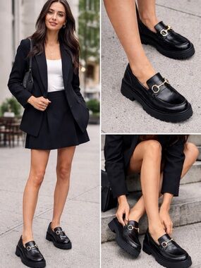 HYM Women's Black Leather Chunky Loafers with Gold Bit Hardware